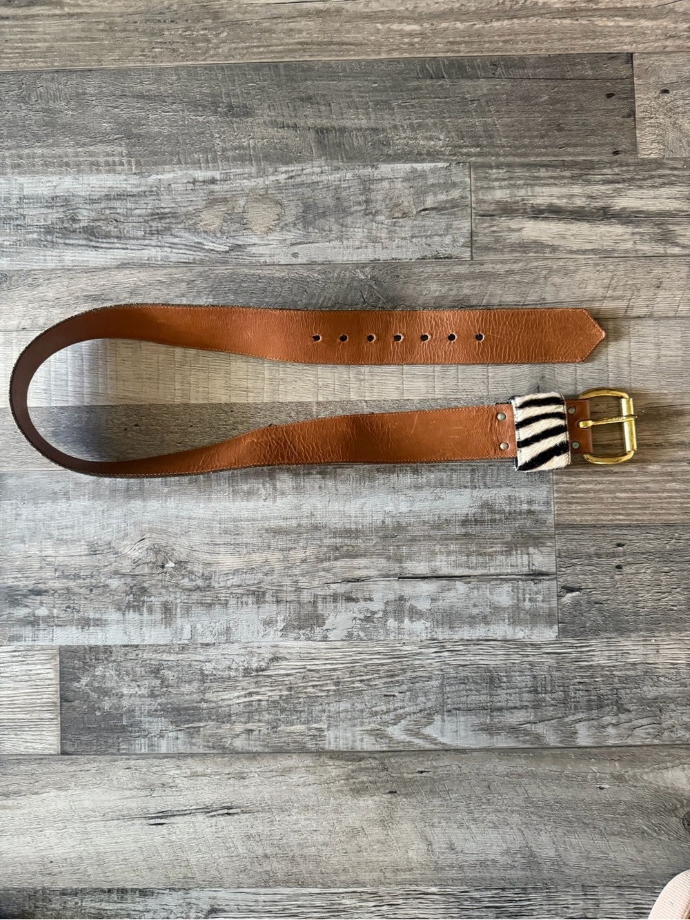 Tan Leather Women's Belt with Zebra Accent and Gold Buckle